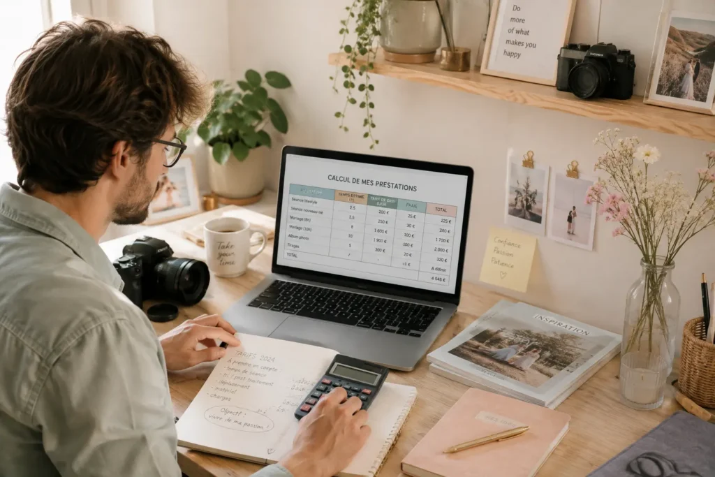 photographe homme travaillant sur ses offres tarifaires sur son ordinateur dans un bureau creatif, tarif photographe professionnel 