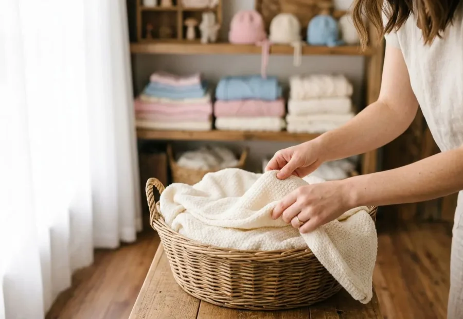 Femme plie un linge dans un panier en osier, ambiance lumineuse et rangement de tissus en arrière-plan. Se différencier photographe.
