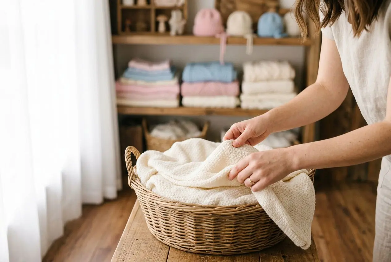 Femme plie un linge dans un panier en osier, ambiance lumineuse et rangement de tissus en arrière-plan. Se différencier photographe.