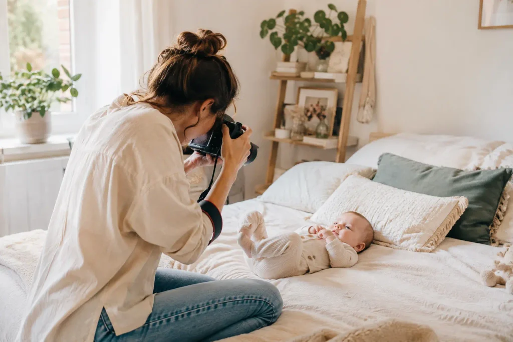 Photographe photographiant un bébé sur un lit en lumiere naturelle. Se différencier photographe.