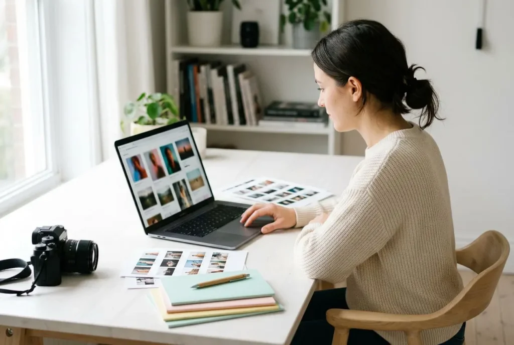 Photographe travaillant sur son ordinateur portable avec des mini portfolios imprimés et carnet, à domicile.