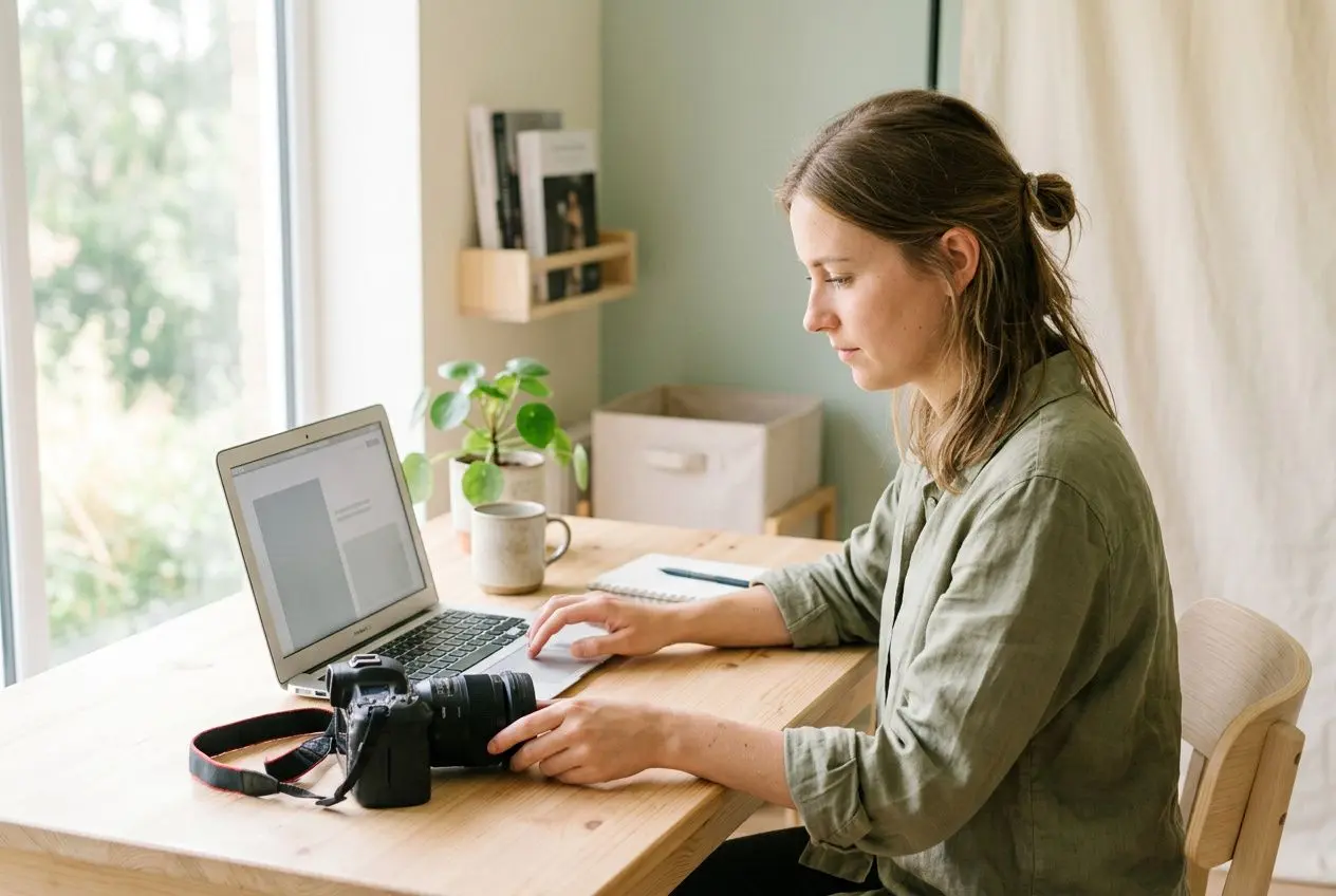 Portrait d’un seo photographe en train de travailler sur son ordinateur portable et appareil photo posé sur le bureau.