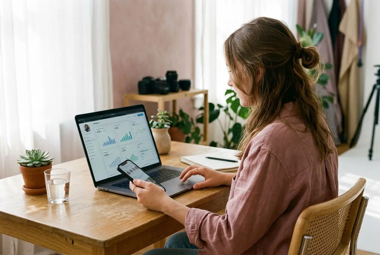 instagram photographe : femme au bureau analysant ses stats sur laptop et smartphone, ambiance studio lumineux. instagram photographe : femme au bureau analysant ses stats sur laptop et smartphone, ambiance studio lumineux.