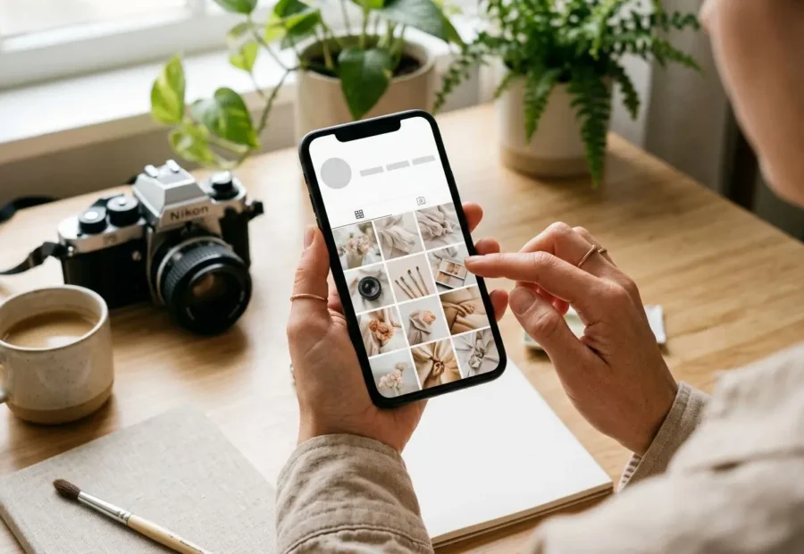 Utilisateur: Instagram photographe : une personne tient un smartphone affichant son grid Instagram, appareil photo Nikon et carnet sur une table.