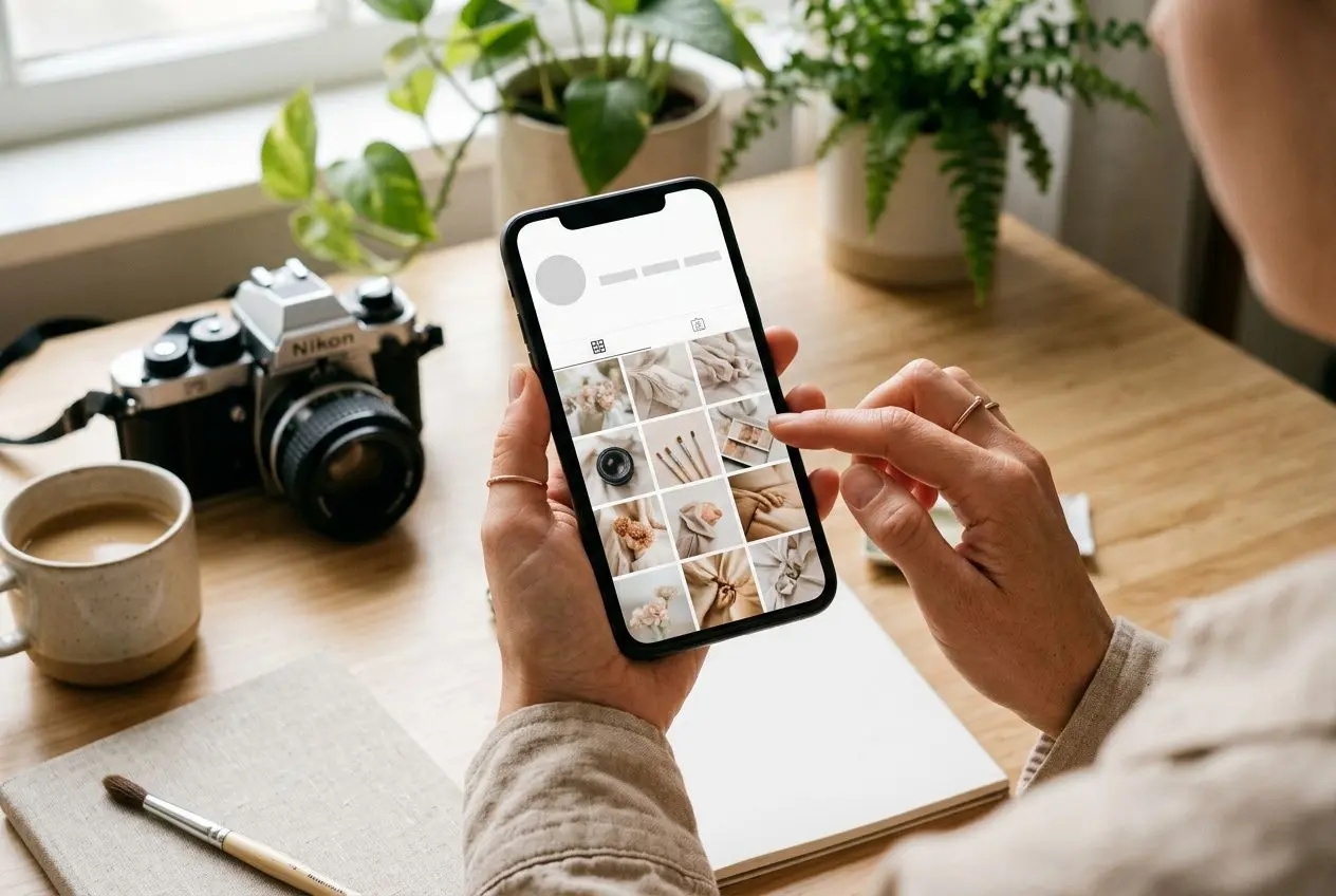 Utilisateur: Instagram photographe : une personne tient un smartphone affichant son grid Instagram, appareil photo Nikon et carnet sur une table.